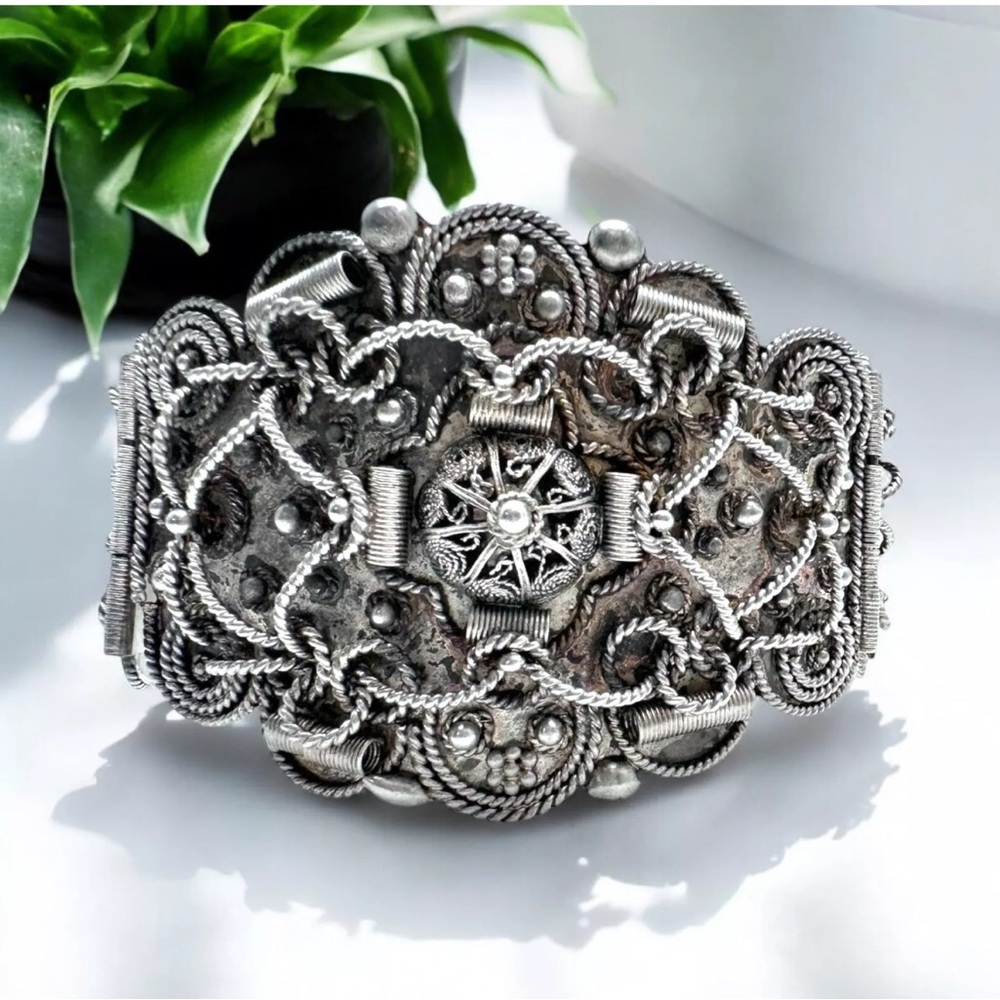 Rare Antique Sterling Victorian Edwardian Wide Ornate Panel Cuff Bracelet 925